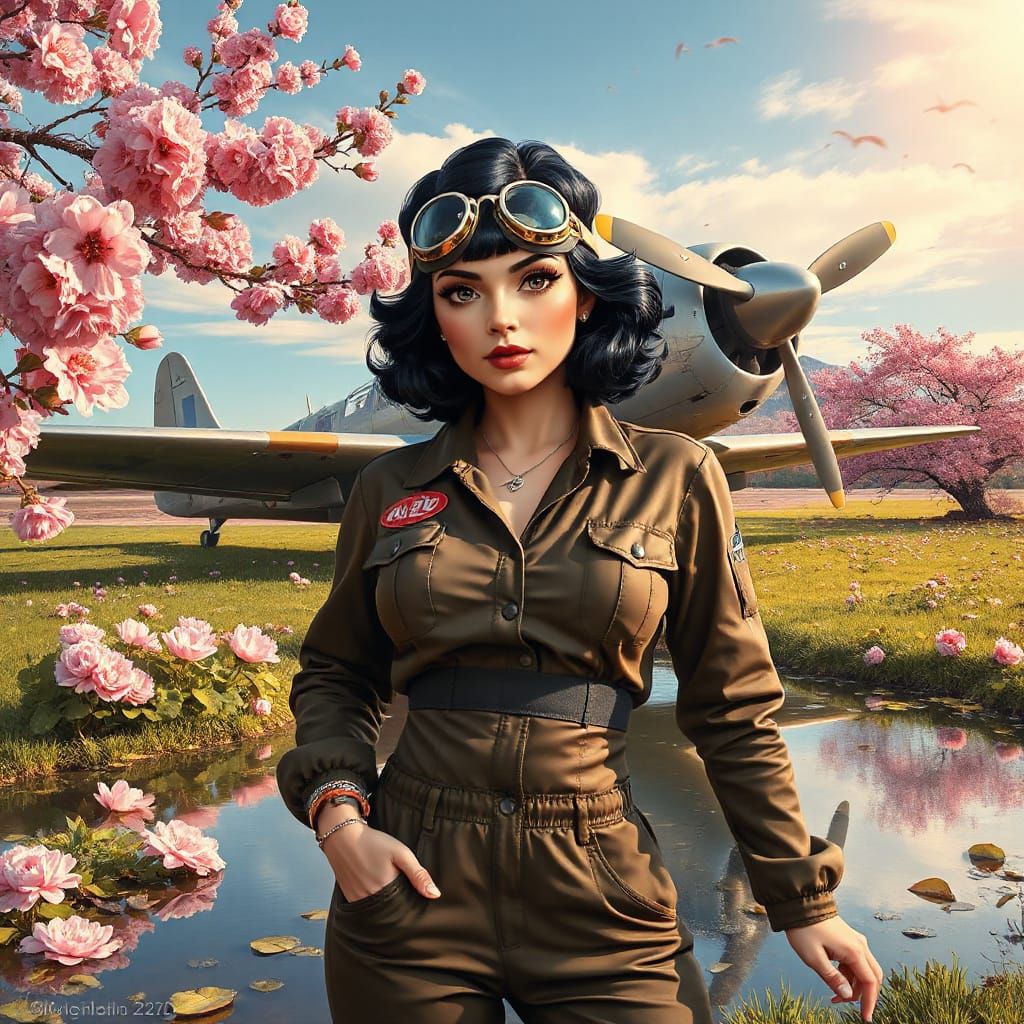 Anime Pin-Up Girl in Bomber Jacket Oil Painting