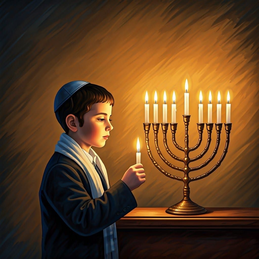 Charming Hasidic Boy Lights Hanukkah Menorah in Warm Jewish....
