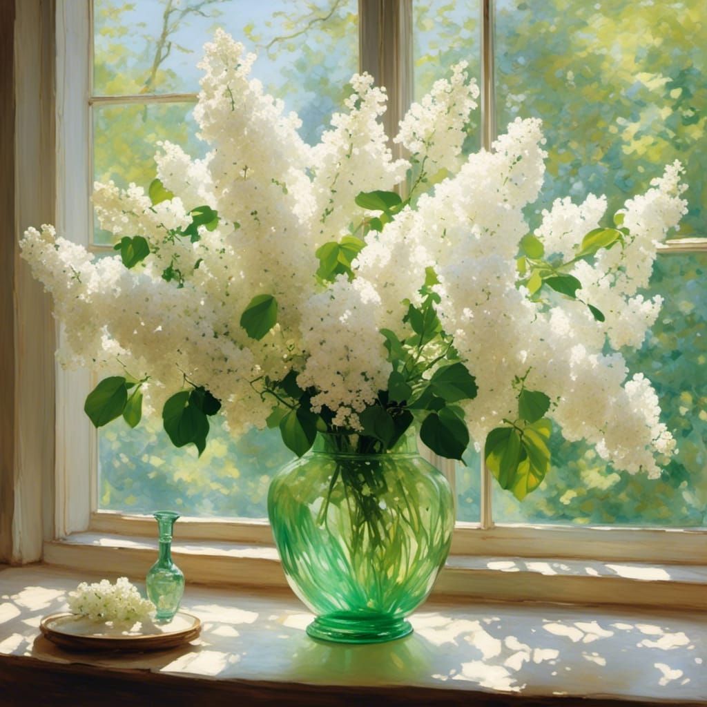 Beautiful uranium glass curved vase with white lilac