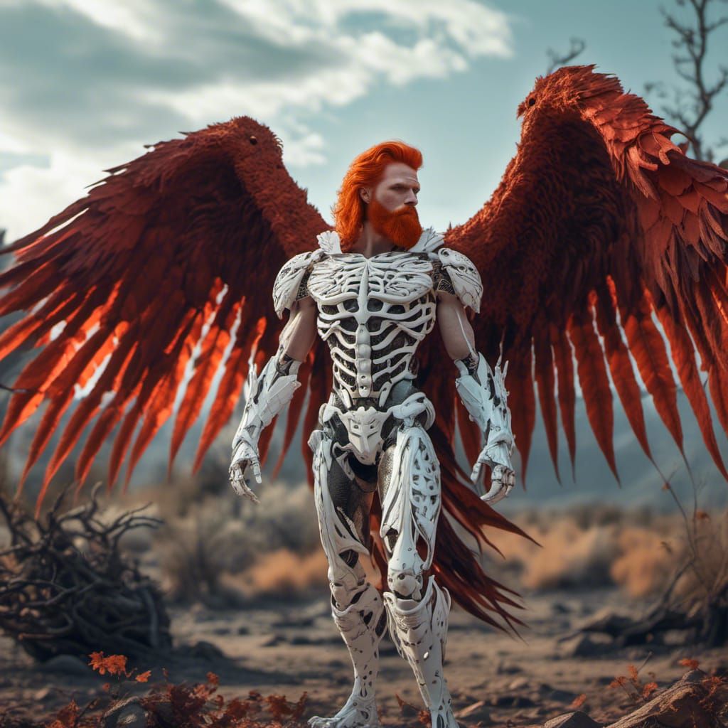 Handsome prince charming red hair beard muscle , muscle white skeletal system skeleton bone armor thorns vines leaves fox wolf eagle wings n...