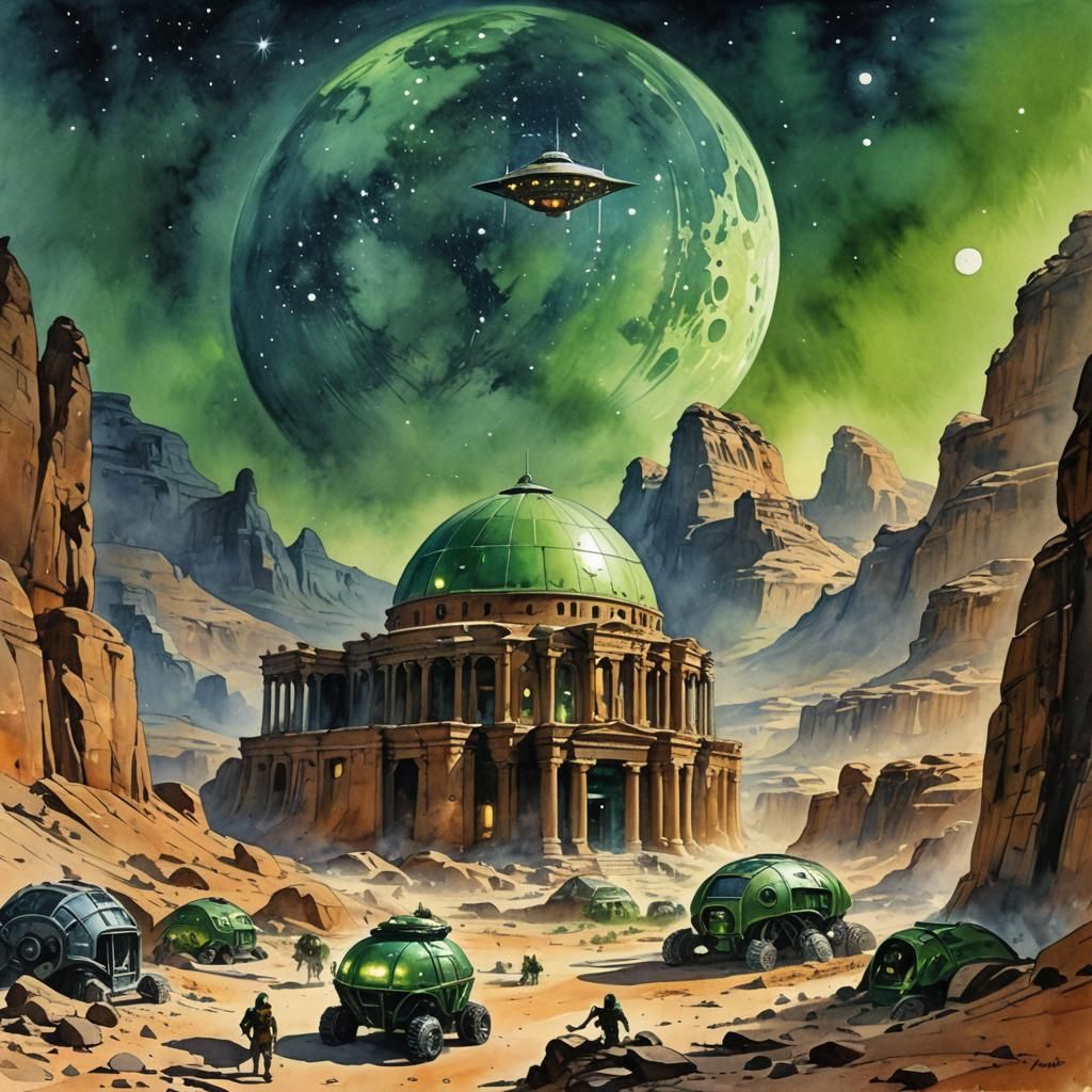 Futuristic Petra with Aliens in Watercolor Style