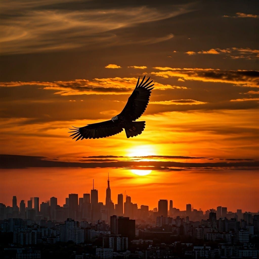 Vibrant Sunset with Silhouetted Eagle and Cityscape in Impre...
