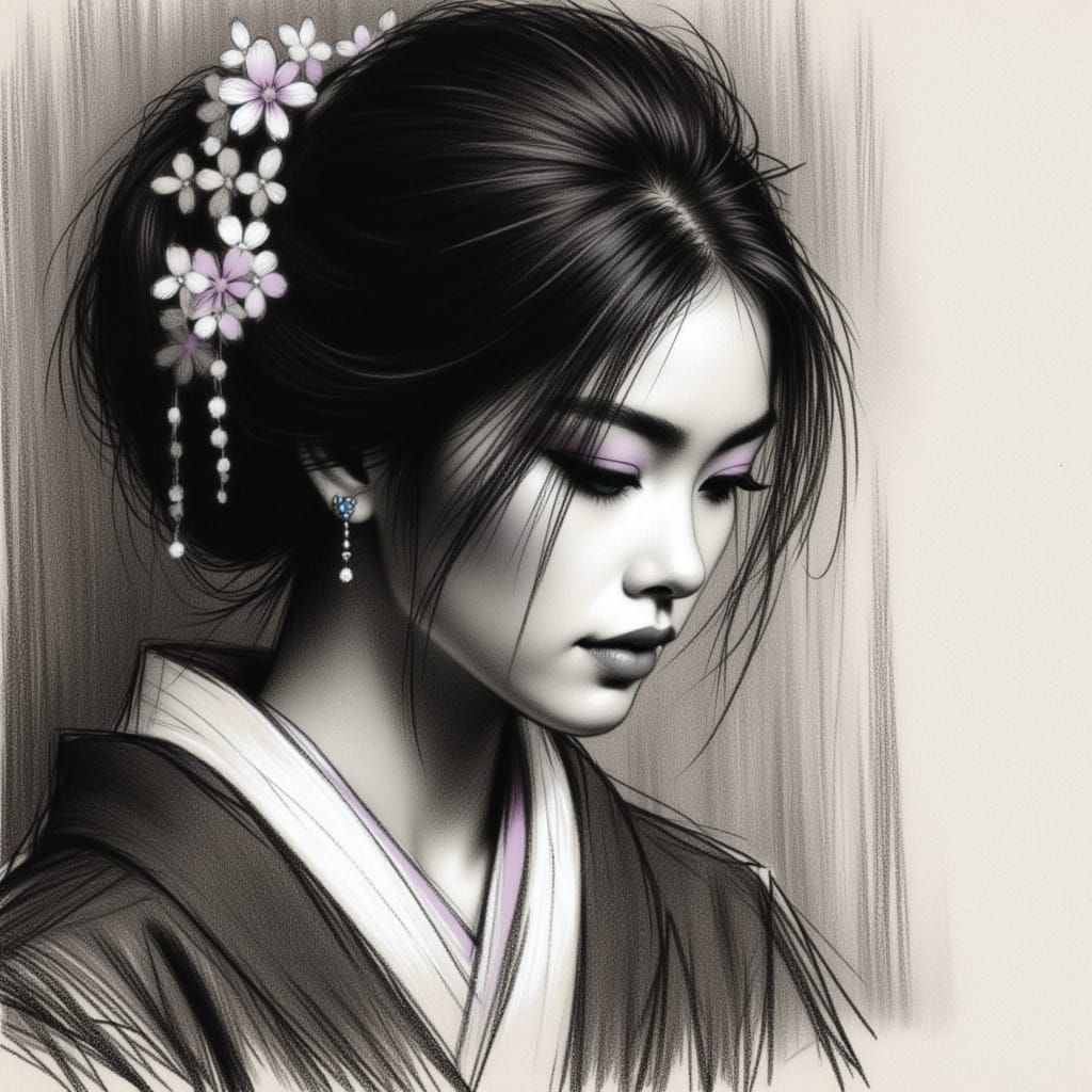 <lora:Ash and Bloom:1.0> Charcoal sketch on canvas. Textured lines, smudged, chiaroscuro interplay of light on shade. Charcoal sketch of a g...