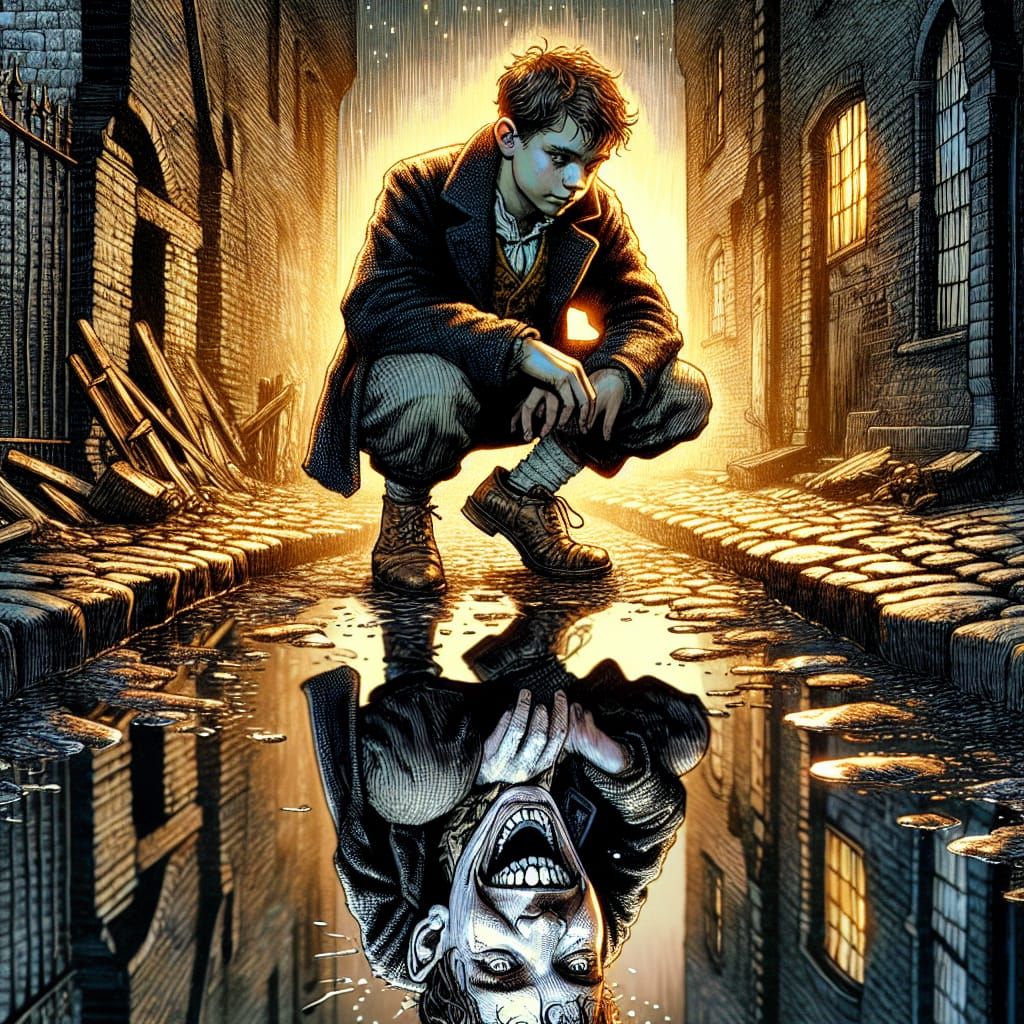 Colored Hyperrealistic Art Portrait With Ink Linework Ornament Elements.A teenage boy squats on the curb of a cobblestone street in London... Colored Hyperrealistic Art Portrait With Ink Linework Ornament Elements.A teenage boy squats on the curb of a cobblestone street in London...