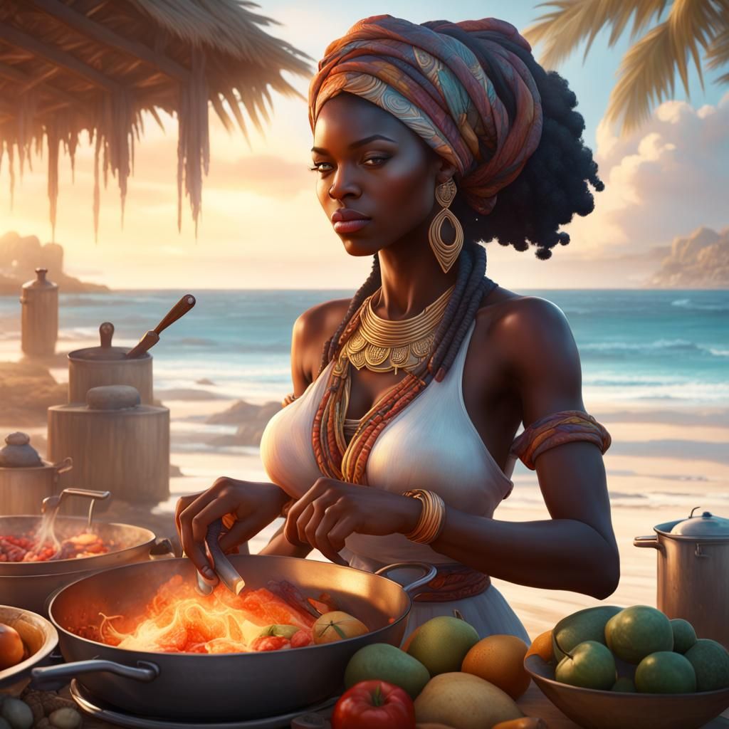 African goddess cooking on the beach  by @WynSongByrd
