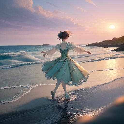 Ballerina's Dusk Dance: Anime-Inspired Seaside Serenity
