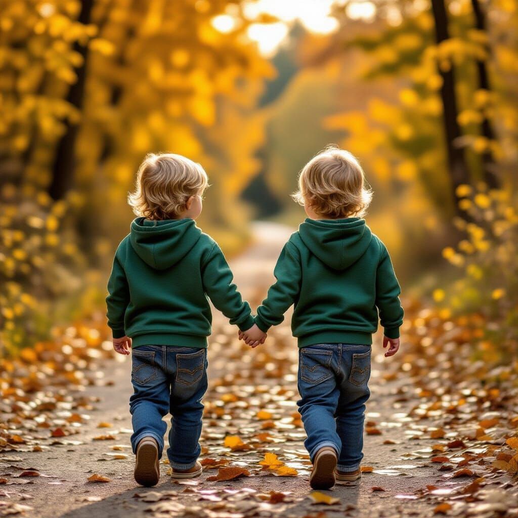 Twin Boys in Autumn Leaves, Realistic Photo