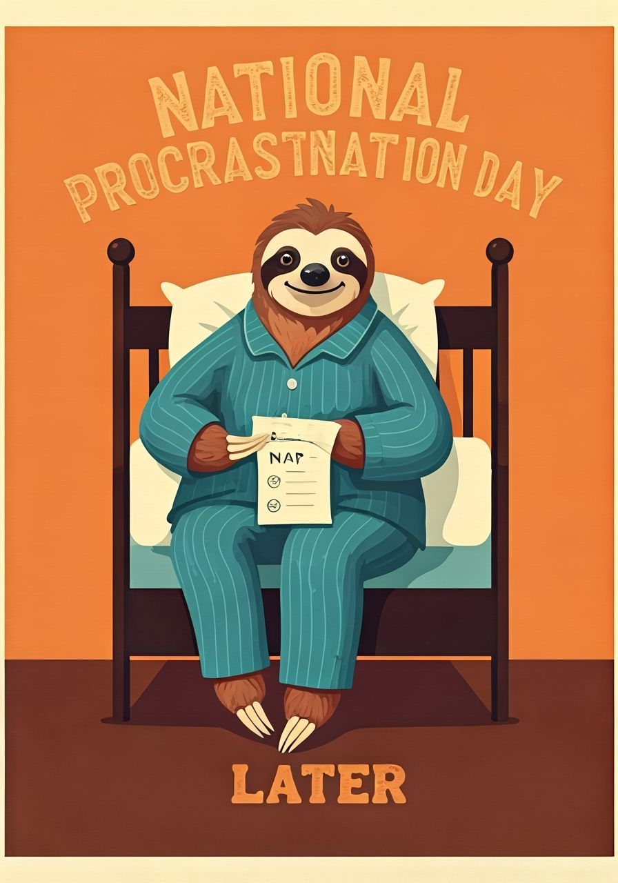 National Procrastination Day, Later. A sloth in pajamas with a NAP to-do list  by @Eroca