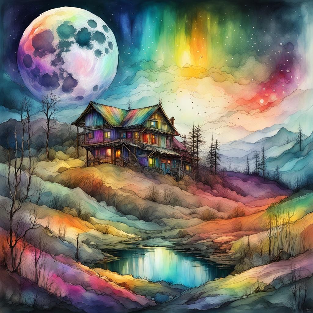 rainbow colorful moon landscape  by @Angelika