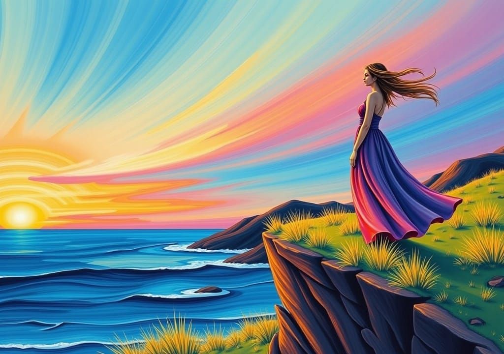 A Woman in a flowing gown standing on a windswept cliff <lora:Fortune:1.0> 