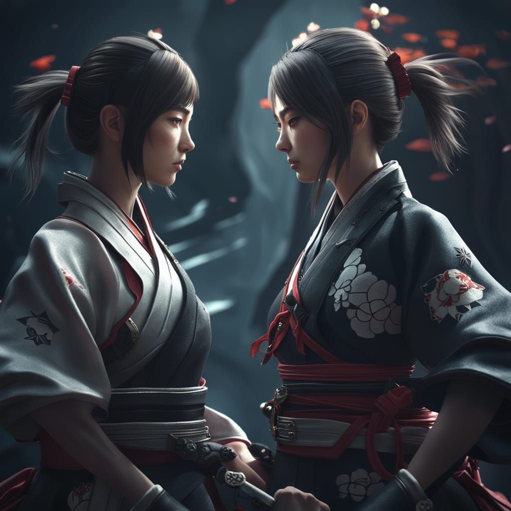 Two girl samurai ying and yang style facing each other By artist 