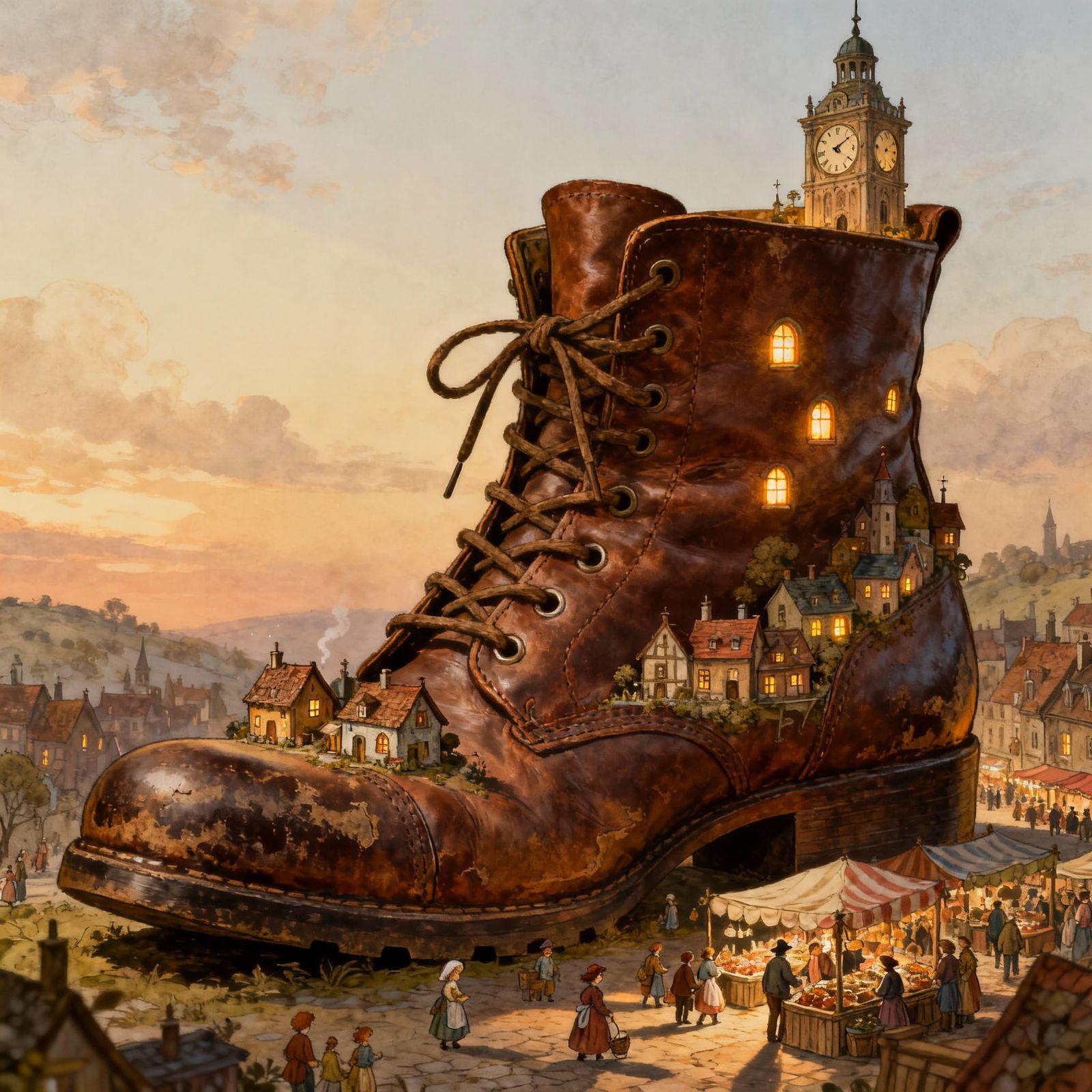 A whimsical, fantastical city built within a giant, worn leather boot. Tiny houses nestle amongst the ...  by @Matt