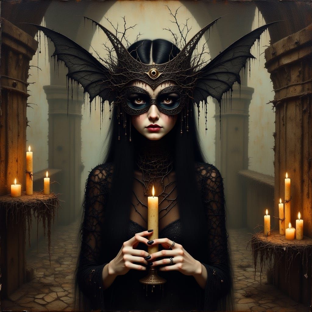<lora:Fairy Darkness:1.0>    Surreal woman wearing arcane ritual mask and headpiece, black hair, ancient ruined temple, candlelight, misty,...