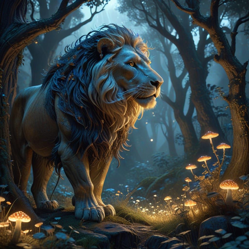 Moonlight Lion in Ethereal Forest