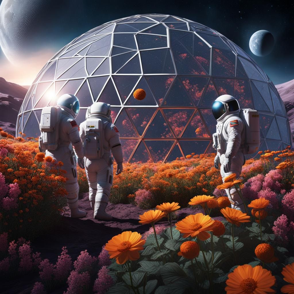 Three men in spacesuits tending to the flowers in a geodesic dome of ...