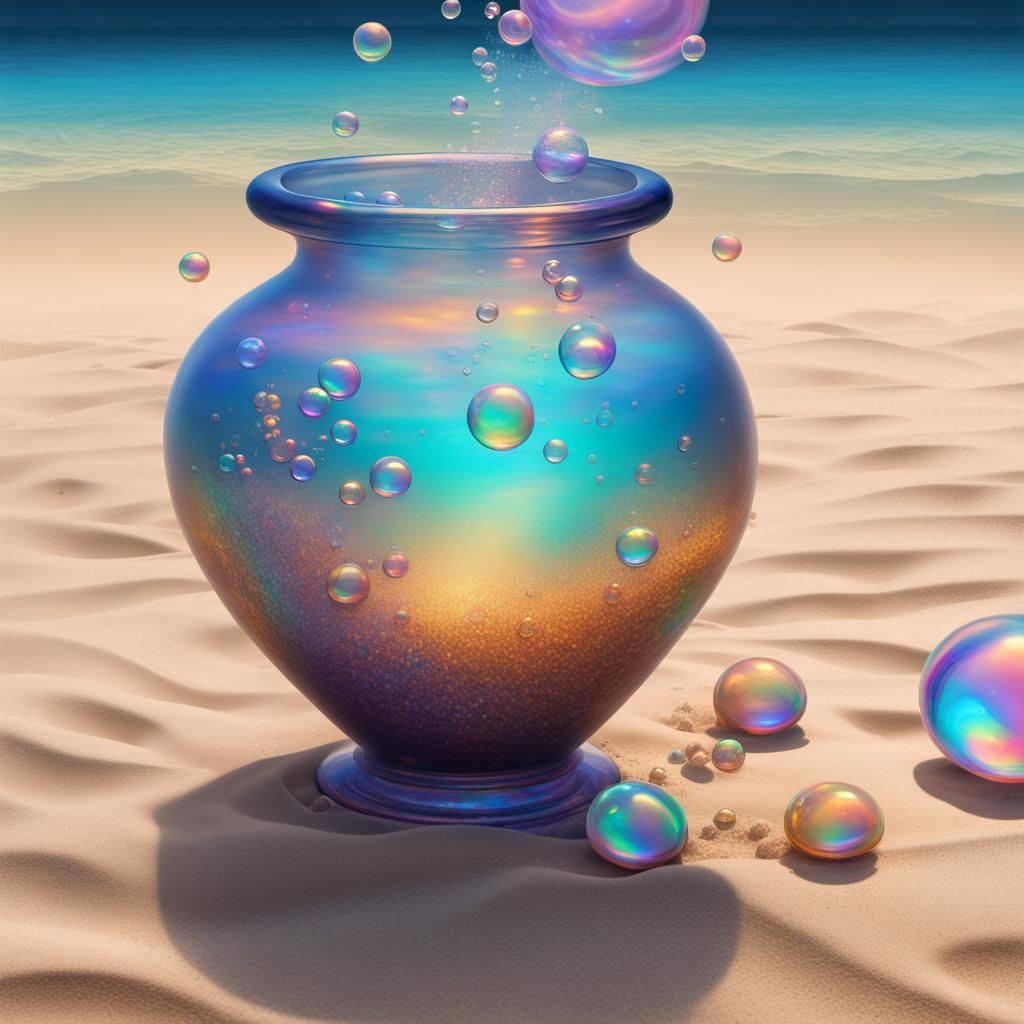 Bubbles coming out of an amphora placed on the sand at the b...