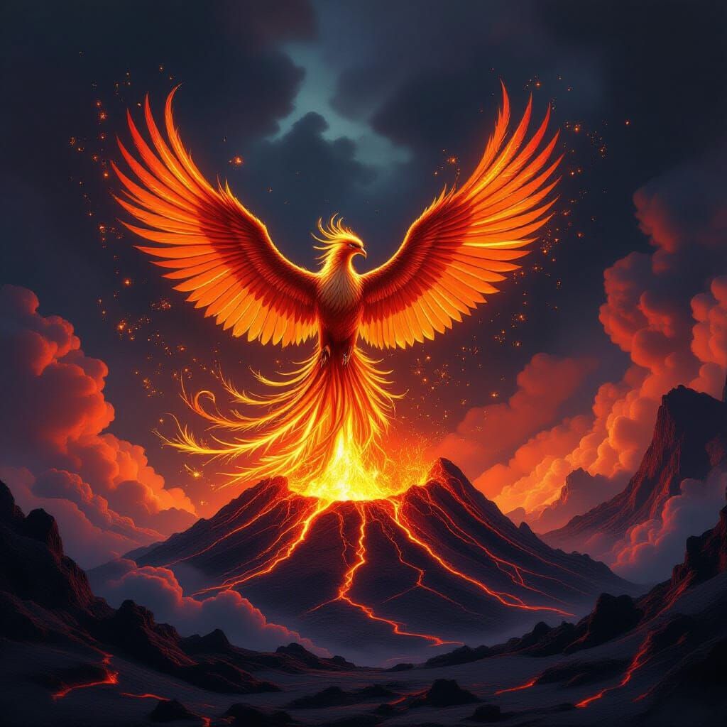 A majestic phoenix, its feathers shimmering with fractal patterns, erupts from a volcanic crater. The scene is bathed in the warm glow of mo...