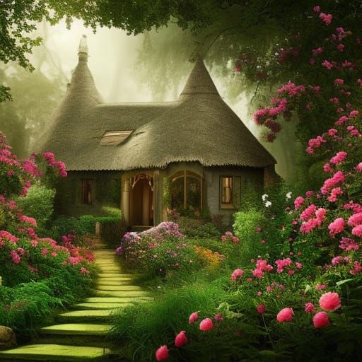 Cottage in forest roses in garden