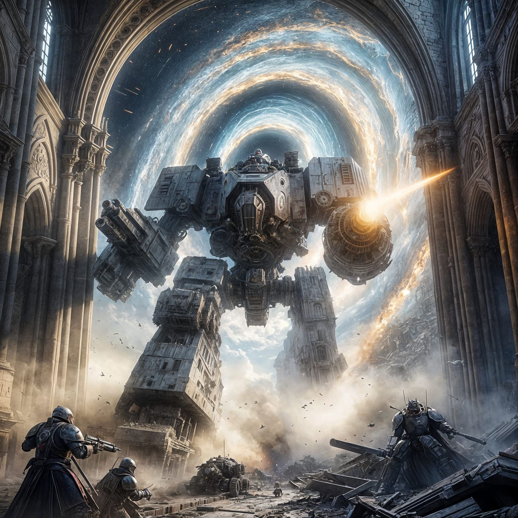 <lora:Dark fantasy realism:1.0> A war mech emerges through a wormhole its guns blazing into the wrecked main hall of a medieval castle where...