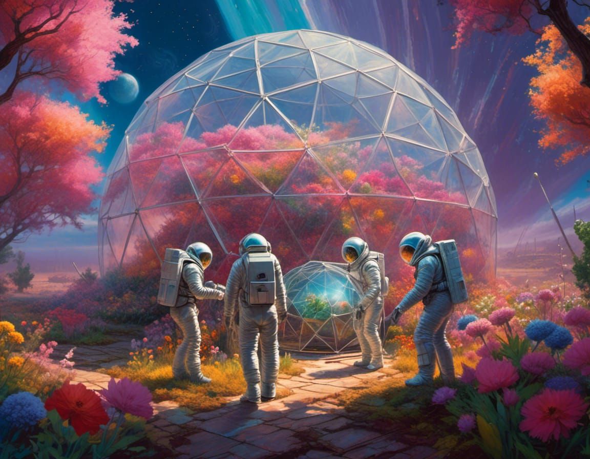 <lora:Neon world:1.0> Three men in spacesuits tending to the flowers in a geodesic dome of atmosphere on the moon.