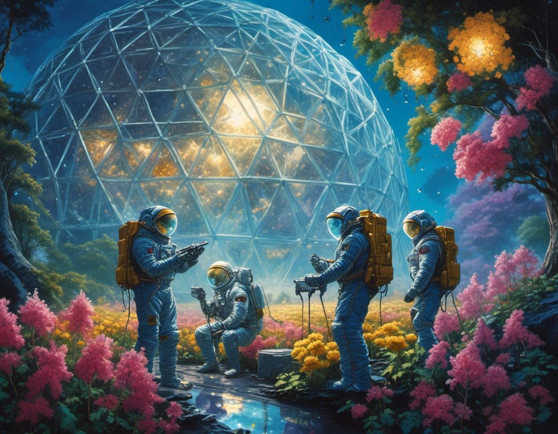 <lora:Neon world:1.0> Three men in spacesuits tending to the flowers in a geodesic dome of atmosphere on the moon.