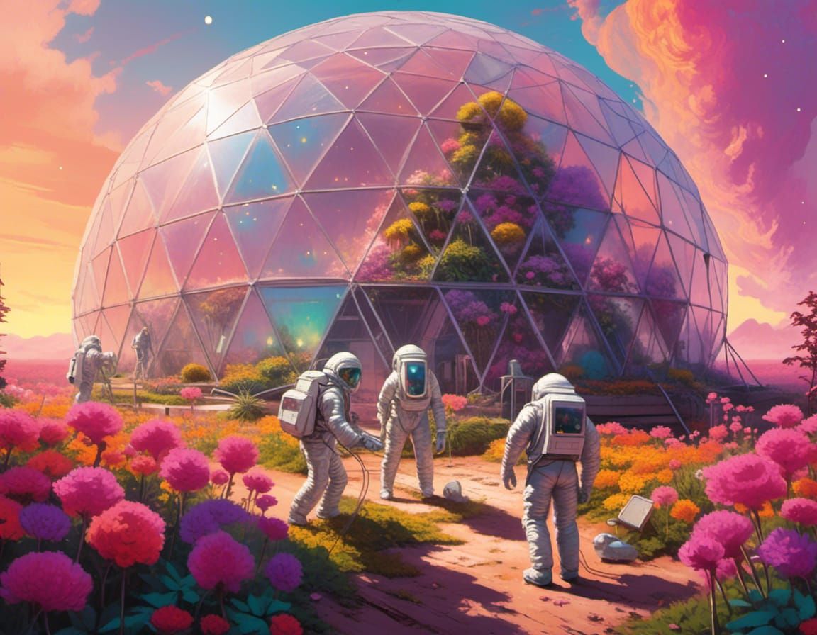 <lora:Neon world:1.0> Three men in spacesuits tending to the flowers in a geodesic dome of atmosphere on the moon.