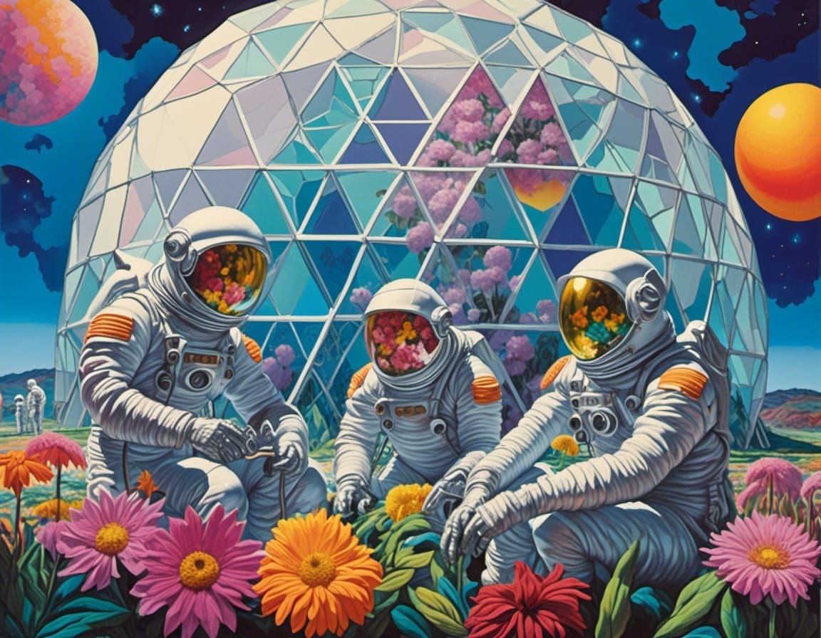 <lora:Neon world:1.0> Three men in spacesuits tending to the flowers in a geodesic dome of atmosphere on the moon.