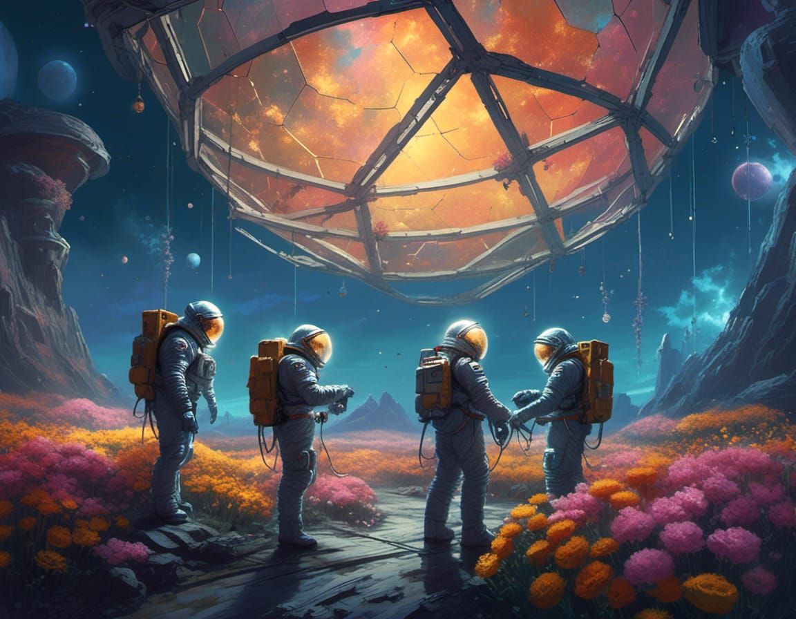 <lora:Neon world:1.0> Three men in spacesuits tending to the flowers in a geodesic dome of atmosphere on the moon.