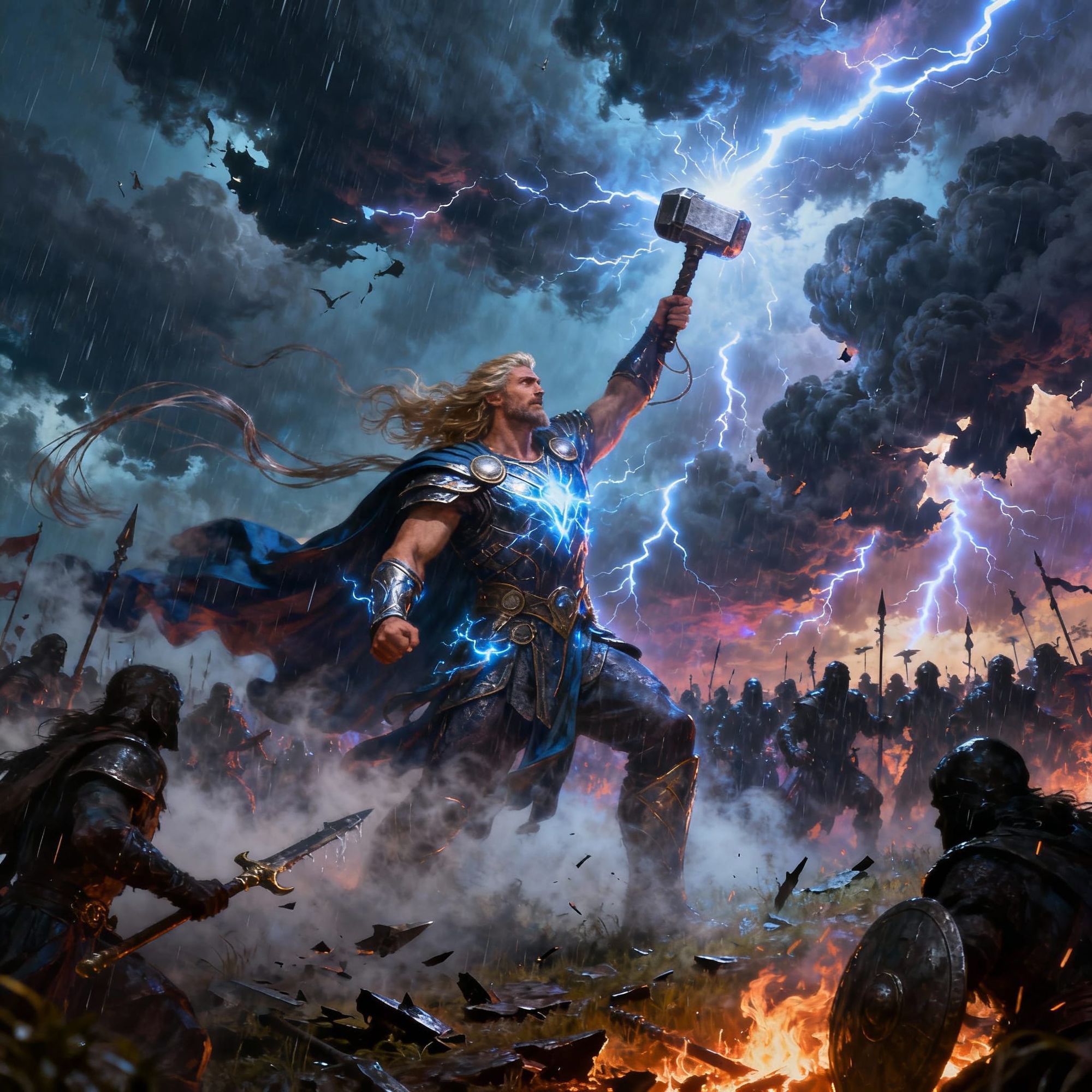 Epic scene of the God of Thunder in the midst of a fierce battle, surrounded by storm and chaos. Lightning arcs from his hammer, splitting t...