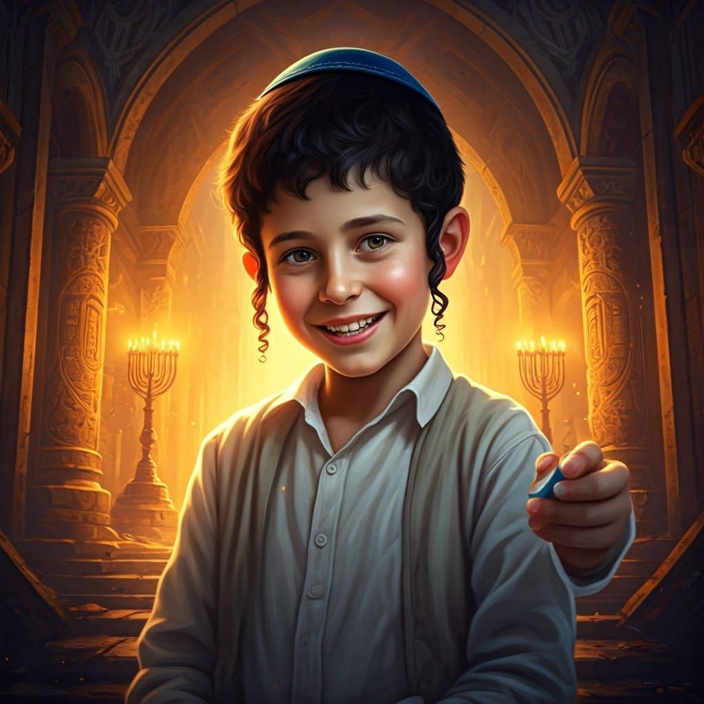 Young Boy Spins Dreidel in Majestic Ancient Synagogue