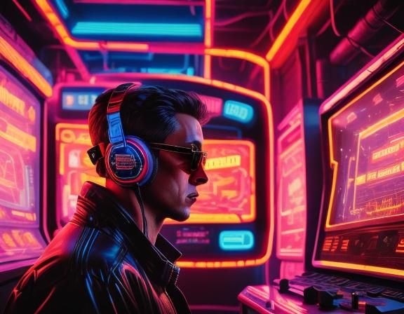 <lora:Murraypunk SD15:1.0> Close-up portrait of a man with headphones with an orange parka in an arcade looking at a screen playing with the...