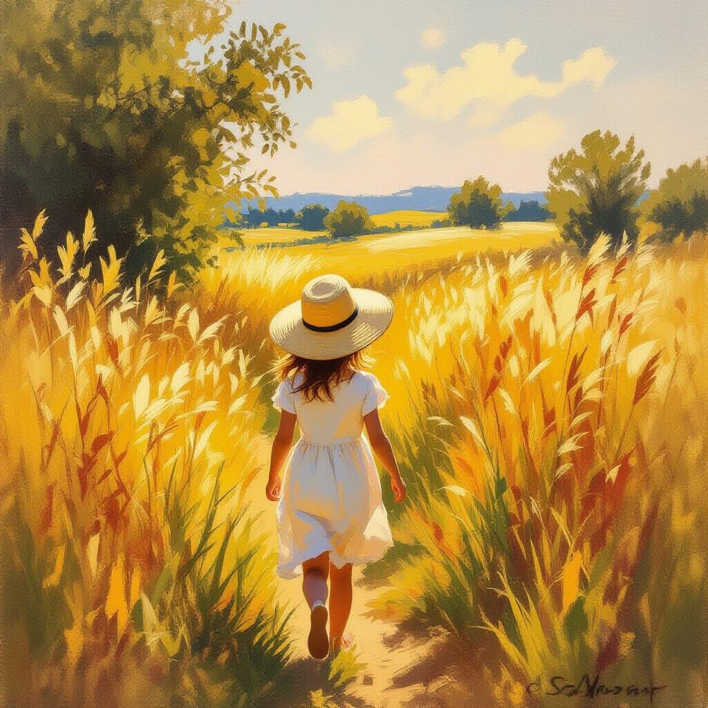 Child in Sunlit Field, Impressionist Style