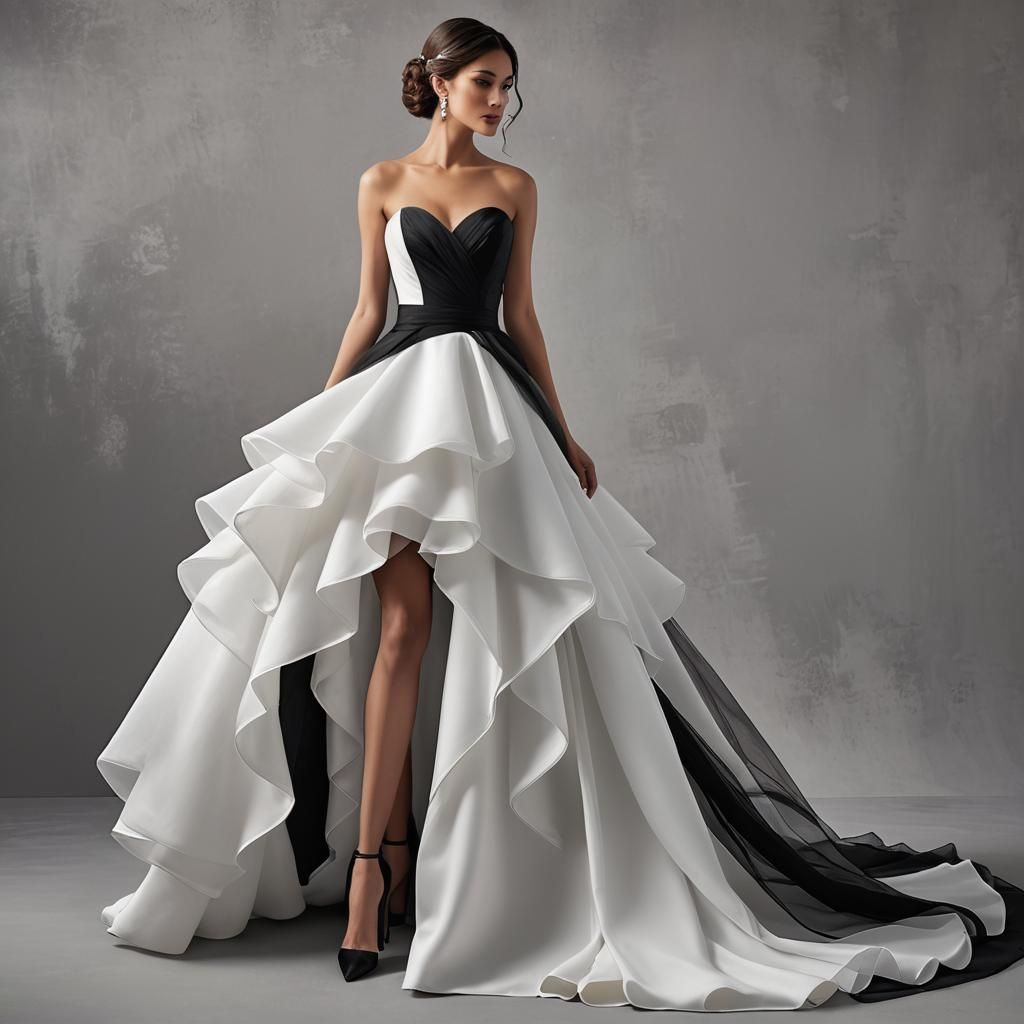 "Create  a stunning black and white wedding gown that exudes...