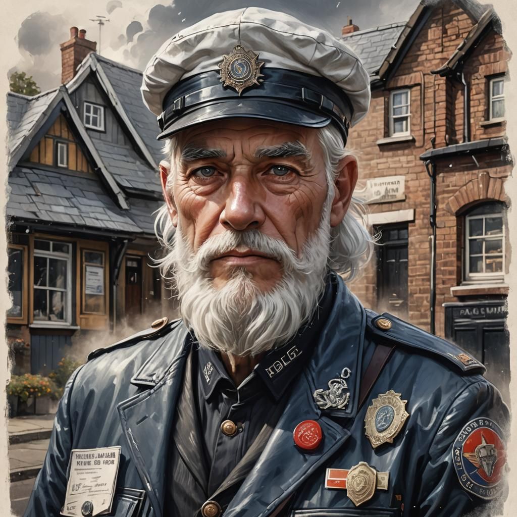 portrait of white-haired , clean shaved Old postman with an ...