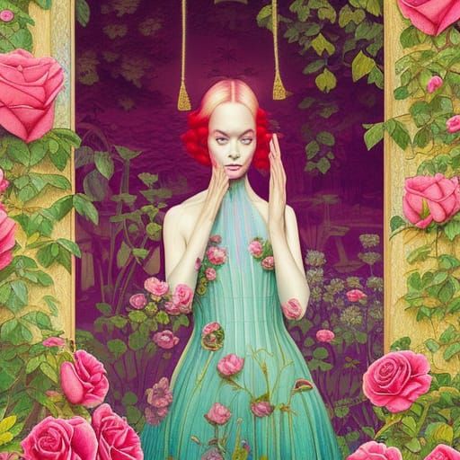 An arpist in a rose garden on a spring day, by martine johan...