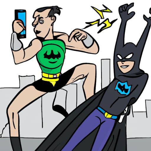batman fighting with a gymnast over a cellphone