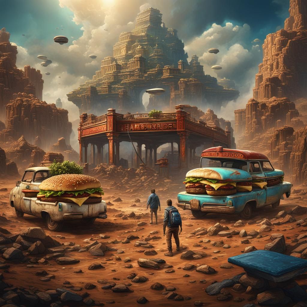 the end of the world and someone is eating a hamburger in th...