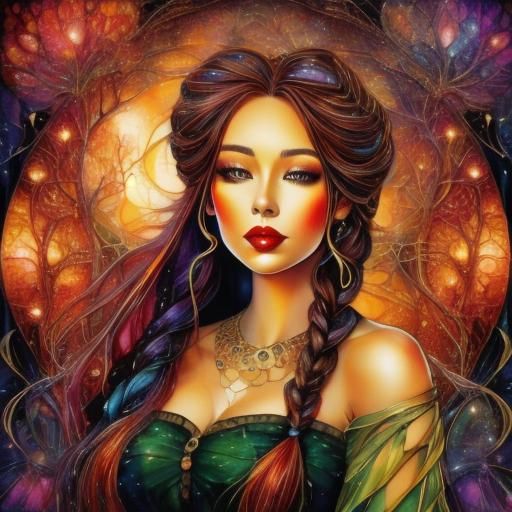 Young woman with long braided hair and red glistening lips <lora:PR Stained Glass:1.0> sinister