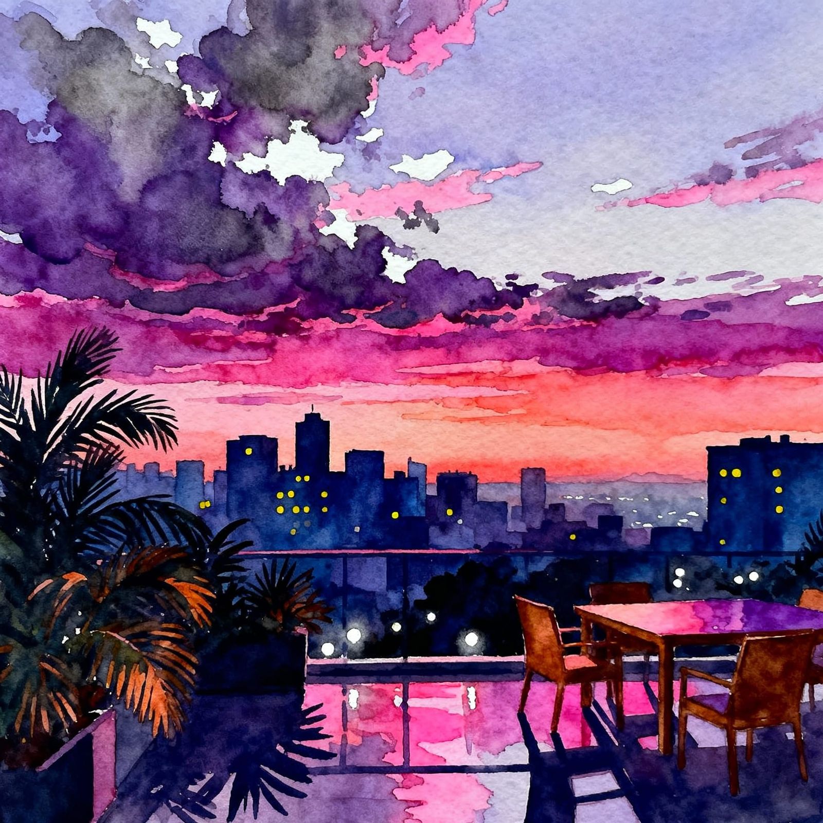 Urban Sunset Watercolor Painting with Dramatic Clouds