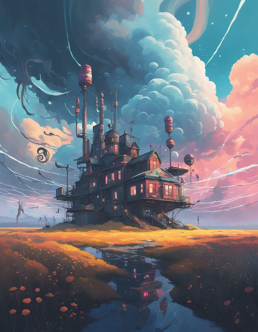  a dreamy, vibrant, surreal landscape, reminiscent of the styles of Ash Thorp, Simon Stalenhag, and Android Jones, with swirling clouds, shi...