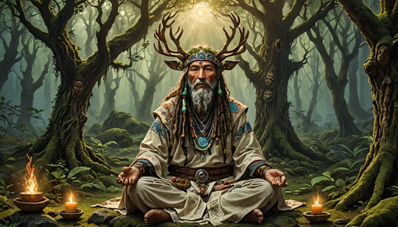druid shaman within meditation, transcending consciousness, ...