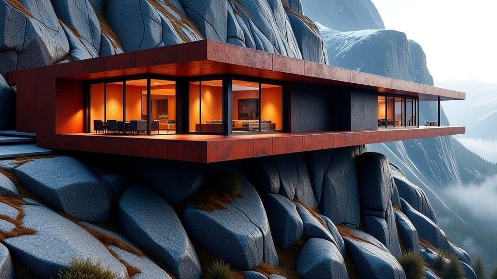 a sleek, modern house by <lora:The Flux Architect:1.0>, seamlessly blending corten steel and dark red bricks into a rugged mountain cliff. E...