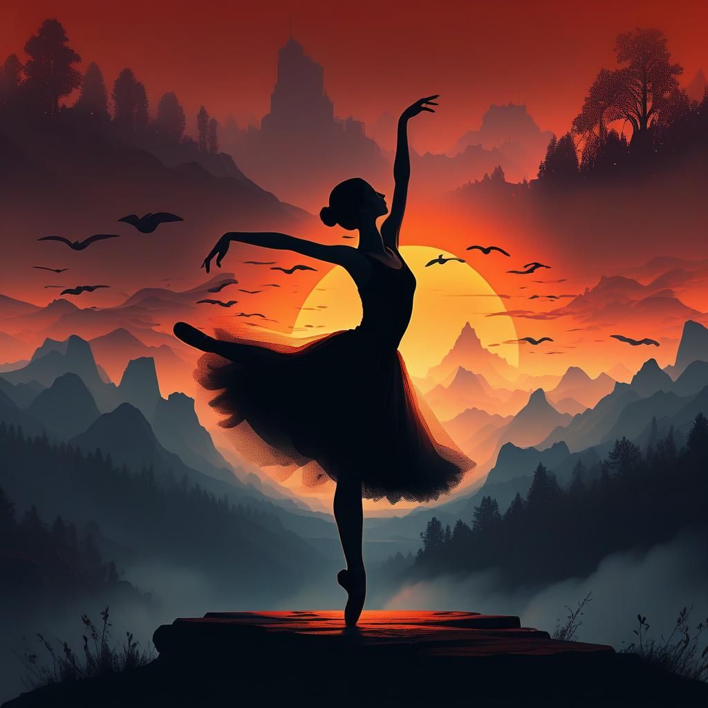Ethereal Sunset Silhouette Scene in Dark Fantasy Style