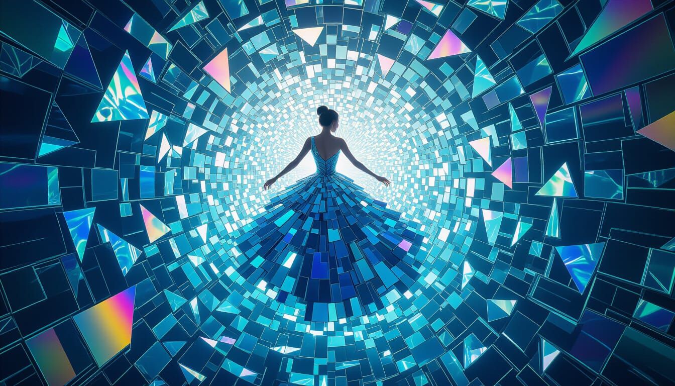 An abstract sculpture representing a dress made of shattered, iridescent glass shards, suspended in a void. Light rays pierce through the fr...