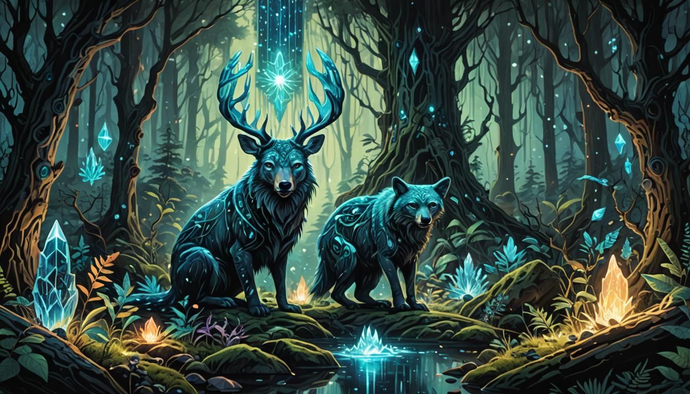 native tribe, spirit animal, crystals, forest scene, hyper-d...