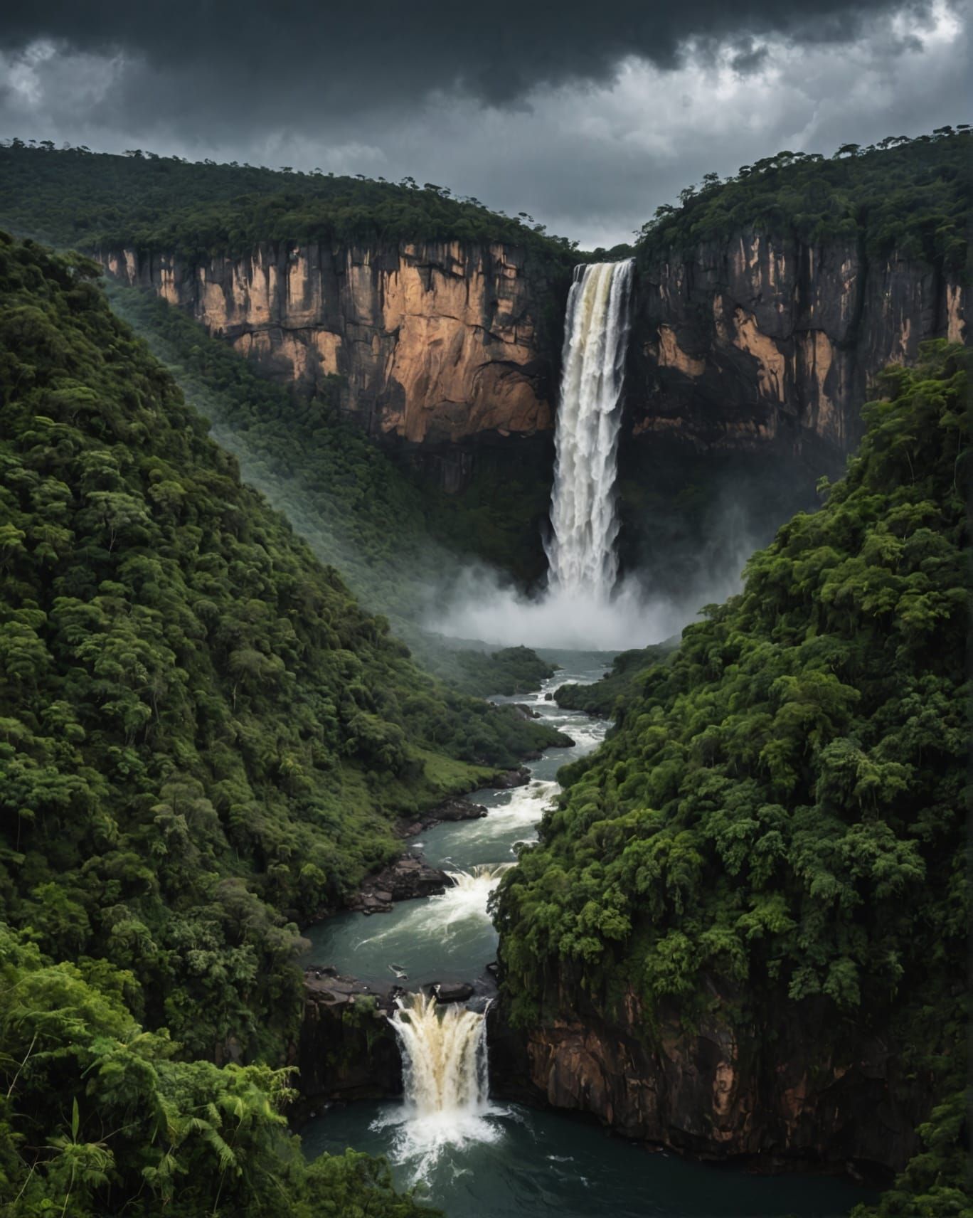 A vertical portrait of the El Salto waterfall in Venezuela during a storm, with the water falling hard ...  by @GaboMtyOne