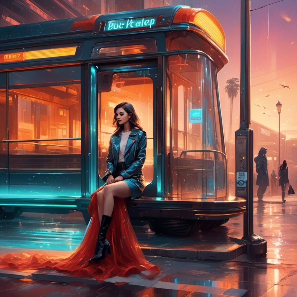 A woman waiting at the bus stop <lora:Rockabillion:0.8> 