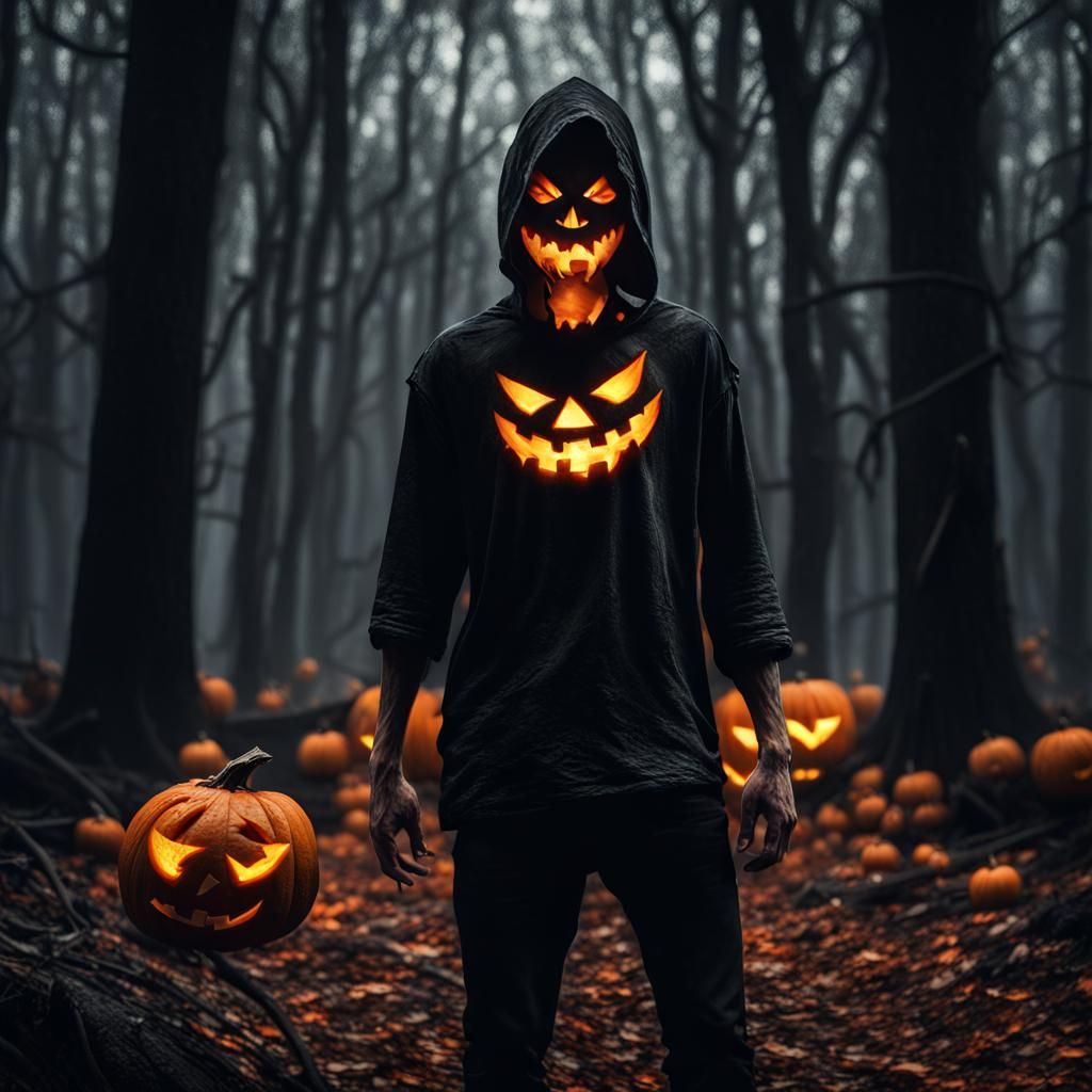 a slender person wearing a ragged-black-shirt with a snarling-jack-o ...