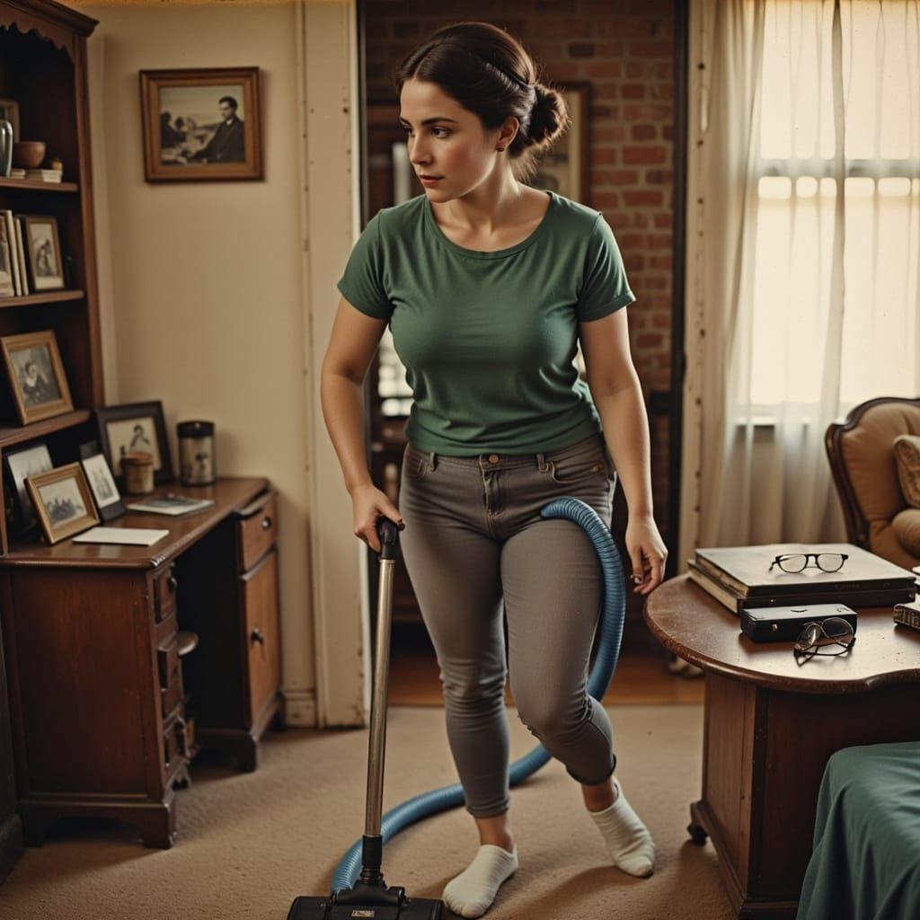 <lora:Old photo-portrait2:1.0> A 48-year-old Caucasian woman, with a curvy build, with dark hair pulled back in a neat bun, is vacuuming the...