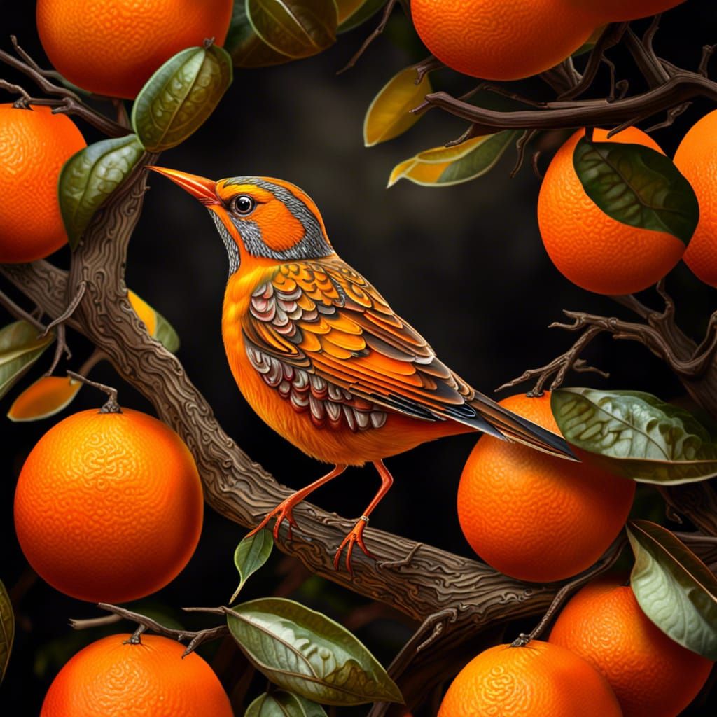 Orange bird emerging from an orange fruit tree